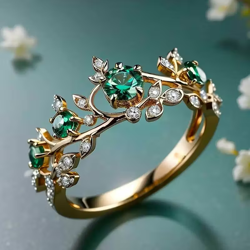 Pierścionek z szmaragdem i motywem kwiatu